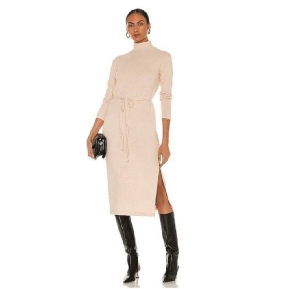 Vince Belted Cotton-blend Midi Turtleneck Sweater Dress In Neutral size XS